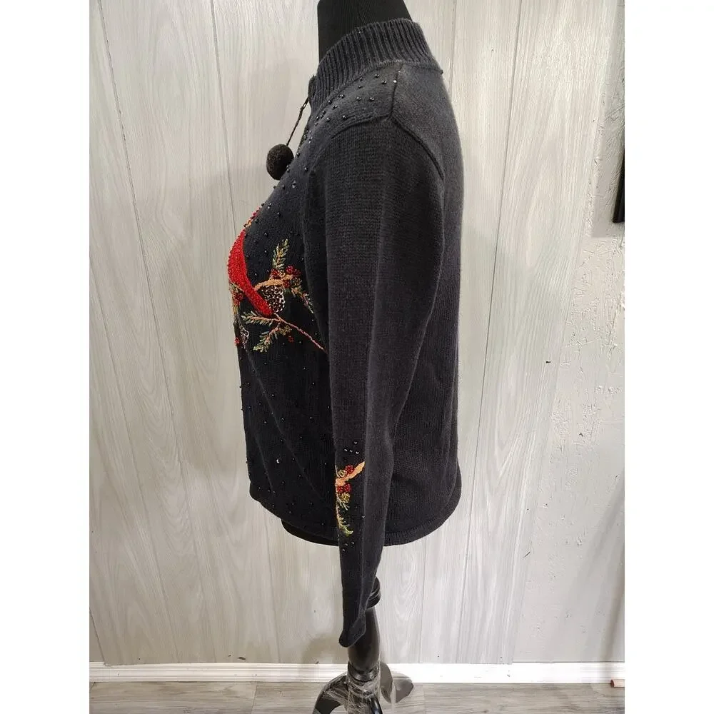 Women's Embellished Full Zip Sweater M Cardinal Grandma Core Mom Embroidered